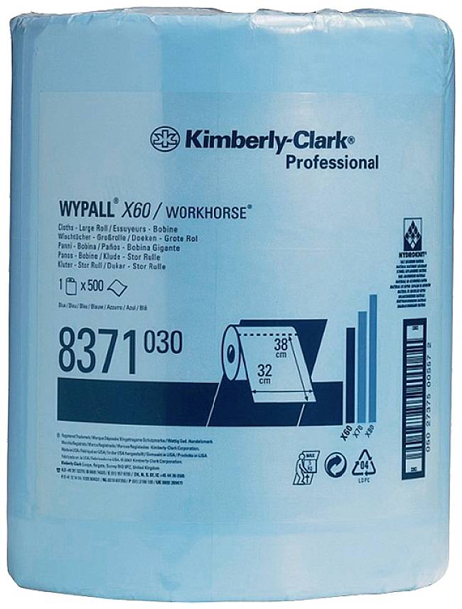 Große blaue Rolle von Kimberly-Clark Professional 'WypAll X60 Workhorse', 500 Tücher, starke Reinigungstücher für industrielle Anwendungen.