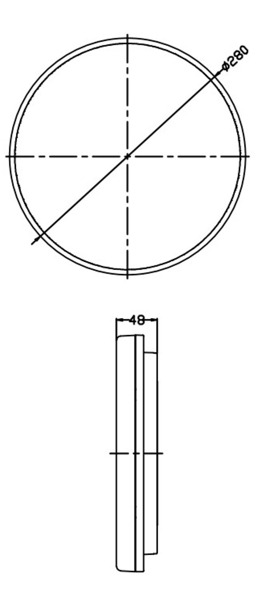 Technische Zeichnung eines runden Objekts mit einem Durchmesser von 280 mm und einer Tiefe von 48 mm, Seiten- und Draufsicht.