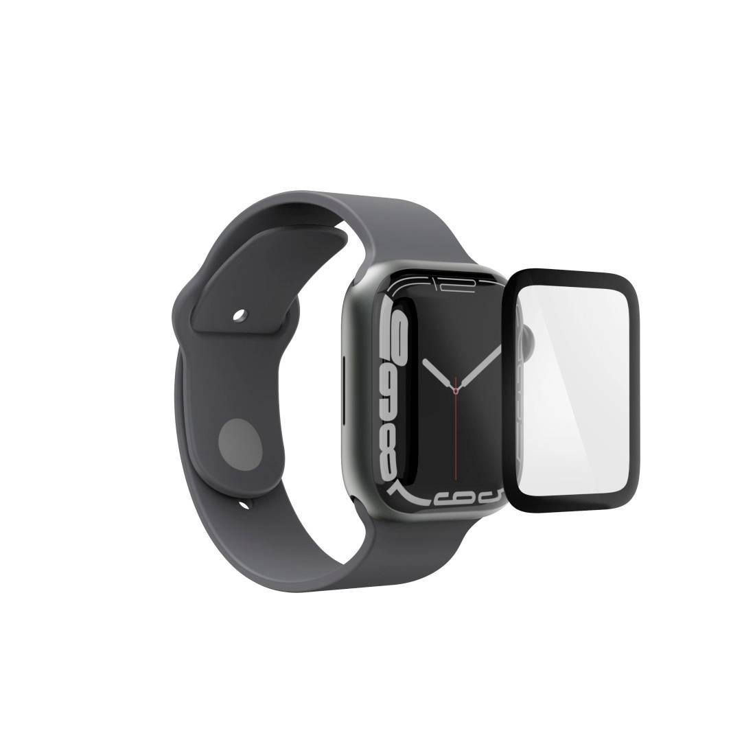 Schwarze Smartwatch mit abnehmbarem Display-Schutz, Anzeigezeit 10:09, umgeben von schwarzem Armband.