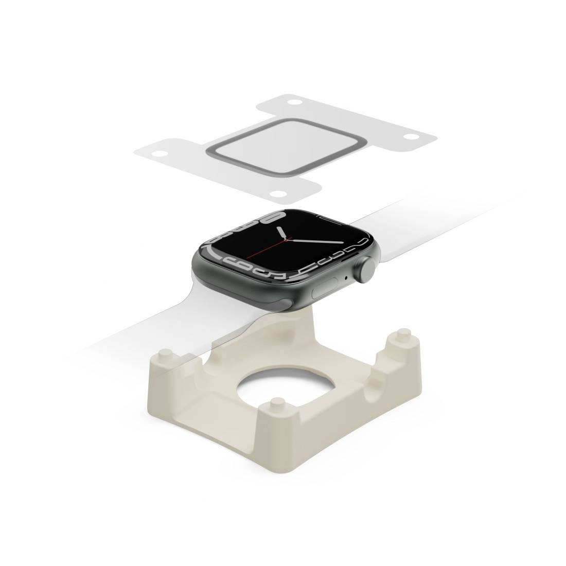 Die Abbildung zeigt eine Smartwatch, die über einer beige-farbenen Ladestation schwebt. Oben ist eine transparente Folie zu sehen.