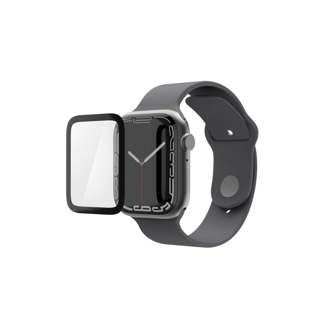 Schwarze Smartwatch mit rechteckigem Bildschirm und abnehmbarer Displayabdeckung. Armband aus grauem Material, im klassischen Uhrenstil.