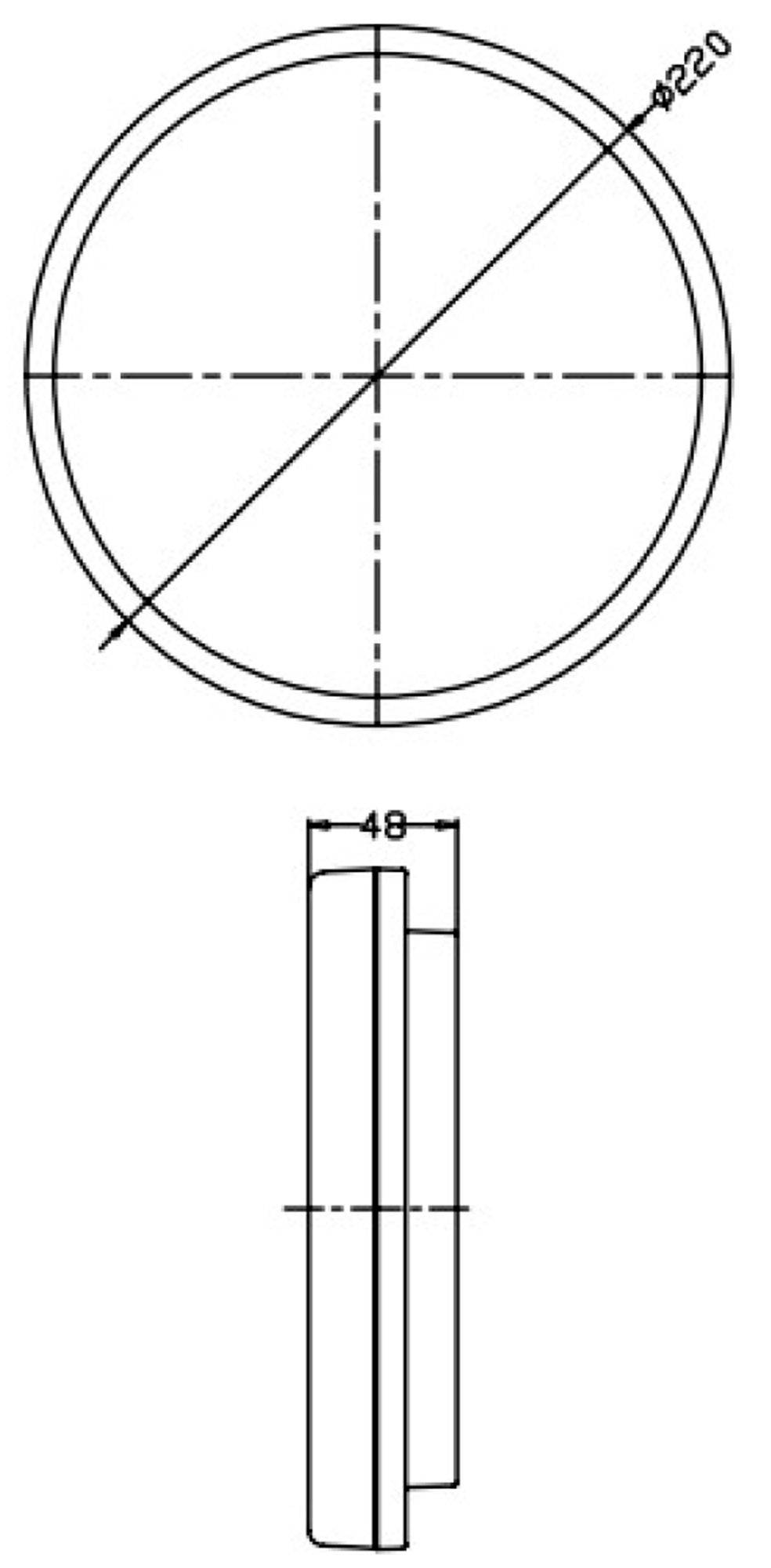 Technische Zeichnung eines kreisförmigen Objekts mit einem Durchmesser von 220 mm und einer Tiefe von 48 mm, seitliche und obere Ansicht.