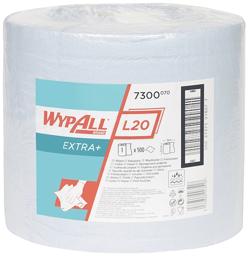 Eine Rolle WypAll L20 Reinigungstücher mit 500 blauen, stark absorbierenden Blättern. Hauptsächlich für industrielle Reinigung geeignet.