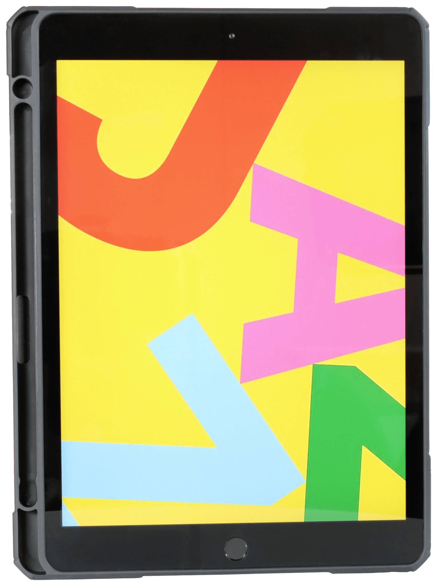 Ein Tablet mit einem Bildschirm, der bunte Buchstaben auf gelbem Hintergrund zeigt.