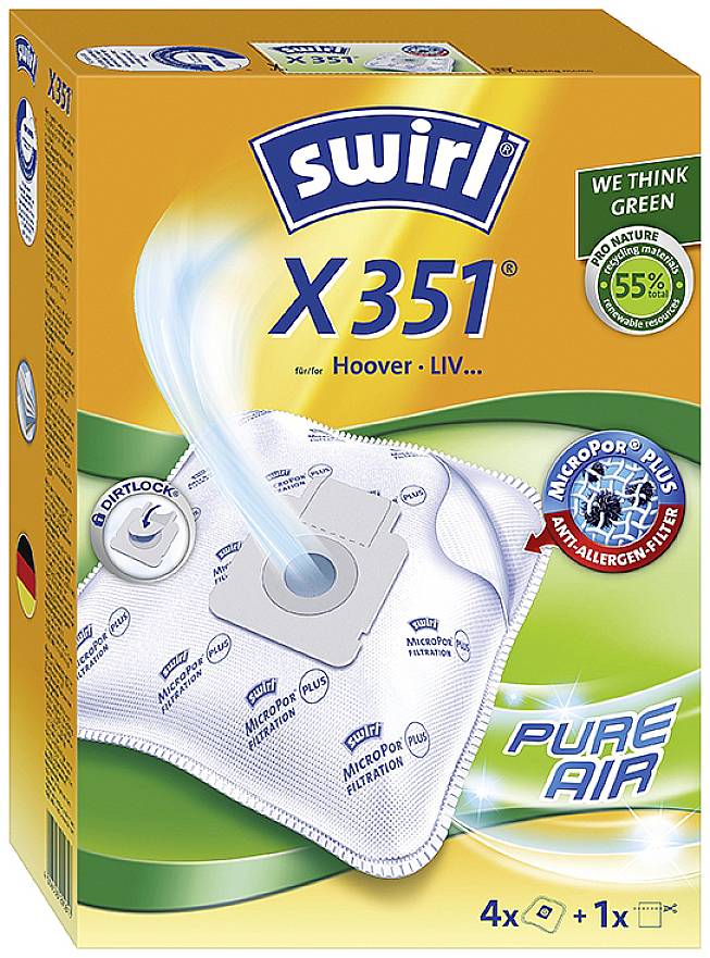 Eine Verpackung für Swirl X351 Staubsaugerbeutel mit 'Pure Air'-Aufschrift. Enthält 4+1 Beutel, Micropor Plus, 55% Recyclinganteil.