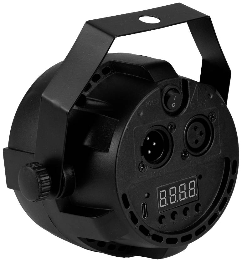 Ein schwarzer LED-Spotlight-Scheinwerfer mit Montagebügel und digitalen Anzeige auf der Rückseite, geeignet für Bühneneffekte.