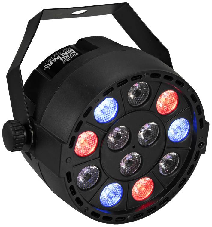 Ein runder LED-Par-Scheinwerfer mit schwarzem Gehäuse, ausgestattet mit roten, blauen und weißen Lichtern für Bühnenbeleuchtung.