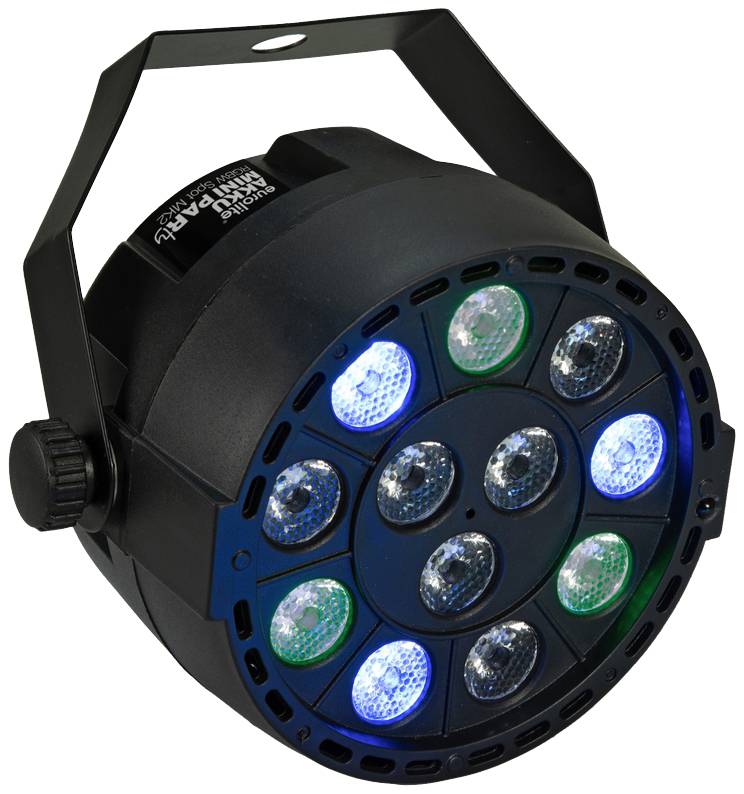 Ein schwarzer, runder LED-Strahler mit neun Linsen, arrangiert in einem Kreis, zeigt abwechselnd blaue und grüne Lichteffekte.