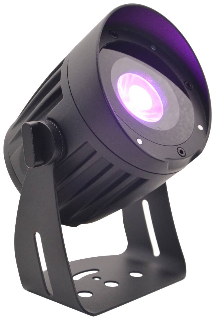 Ein schwarzer LED-Strahler mit pinkem Licht steht auf einem Metallständer, geeignet für Bühnen- oder Architekturbeleuchtung.