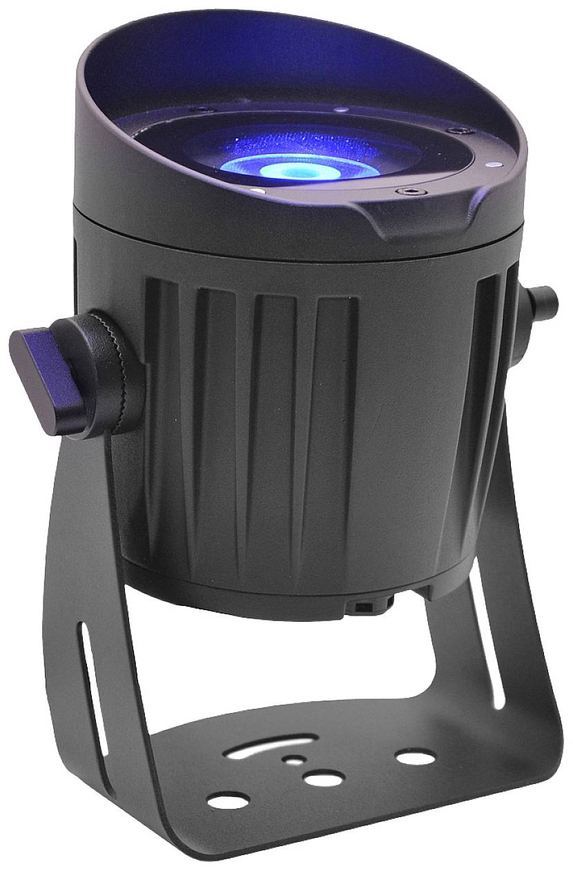 Ein schwarzer LED-Strahler mit blauem Licht auf verstellbarer Halterung. Ideal für Bühnenbeleuchtung und Effektprojektionen.