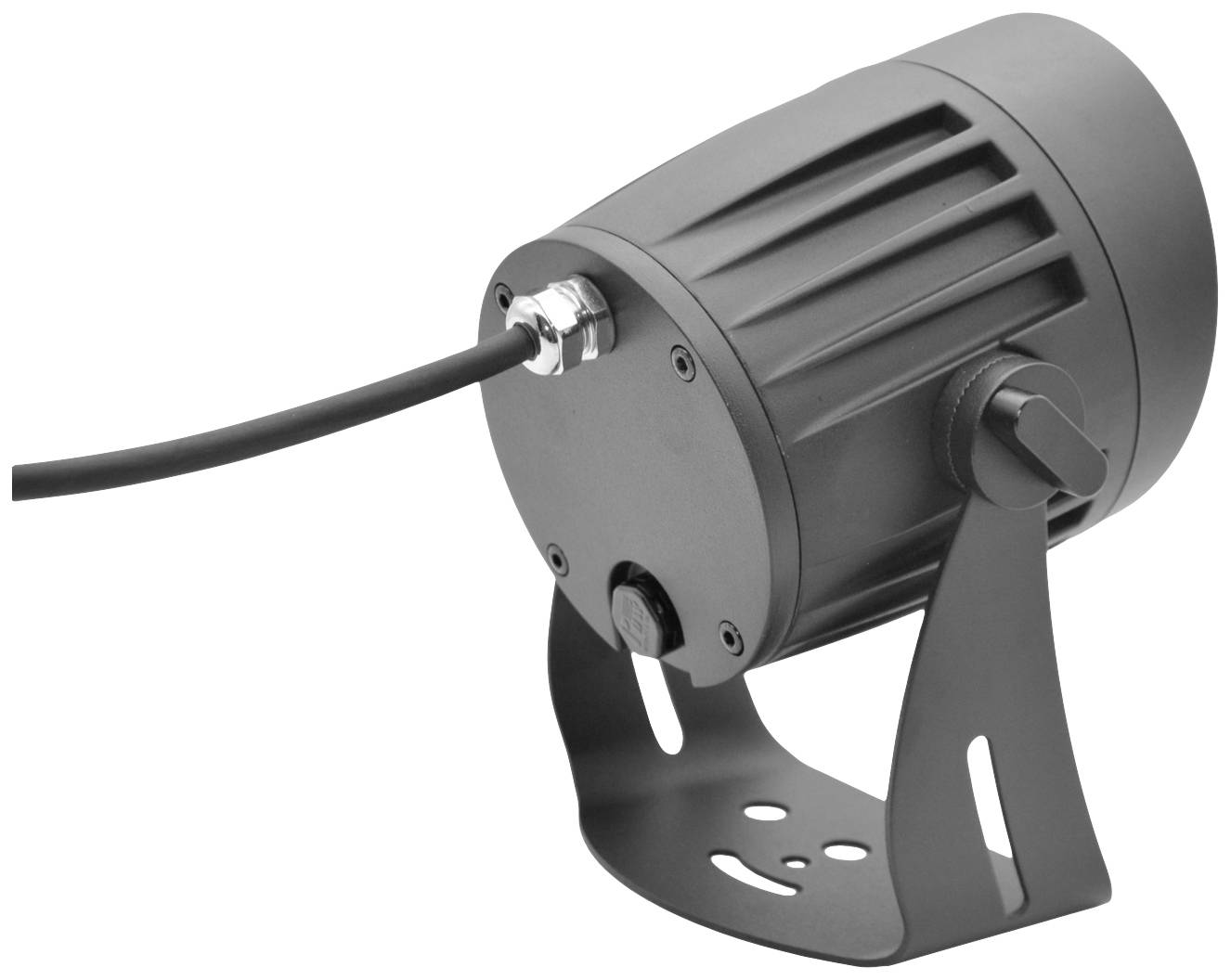 Ein LED-Strahler mit Kabelanschluss auf Metallhalterung, geeignet für Außenbeleuchtung.