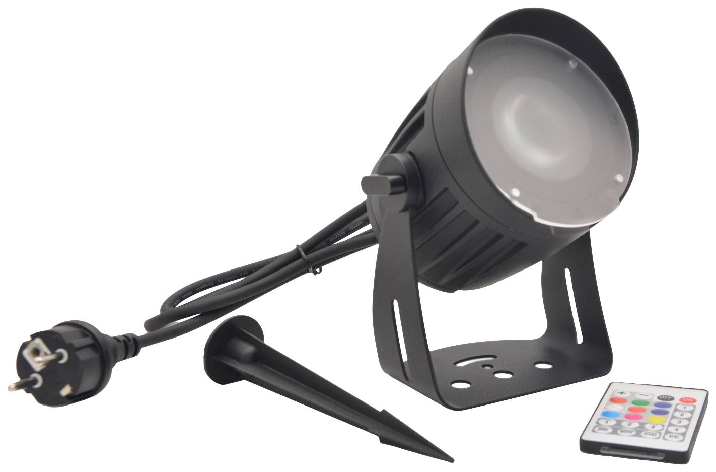 Schwarzer LED-Gartenstrahler mit Erdspieß, Netzkabel und Fernbedienung zur Farbsteuerung; geeignet für Außenbeleuchtung.