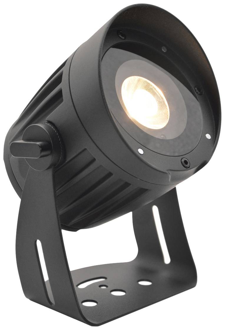 Ein schwarzer LED-Strahler mit rundem, gebogenem Gehäuse, montiert auf einem verstellbaren Ständer. Der Strahler ist eingeschaltet.