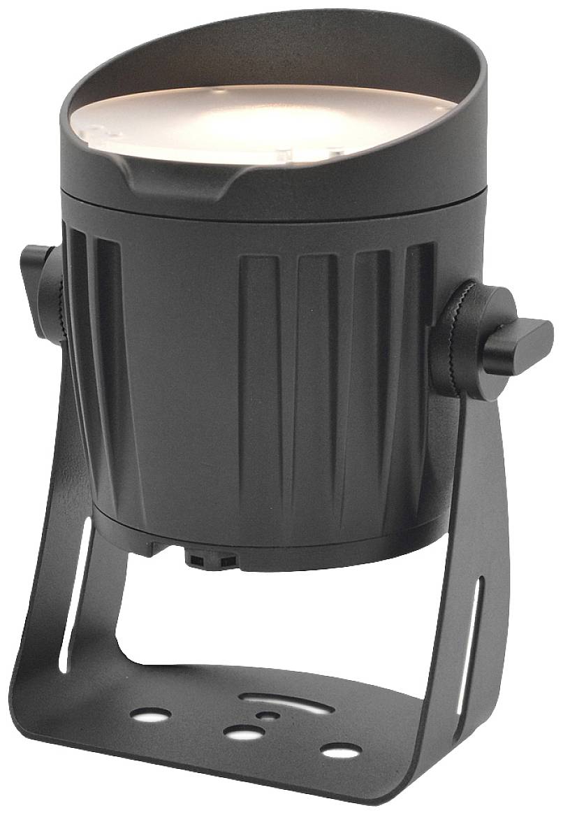 Ein schwarzer, zylindrischer LED-Strahler mit fixierbarem Standfuß, geeignet für gezielte Beleuchtung in Innen- und Außenbereichen.