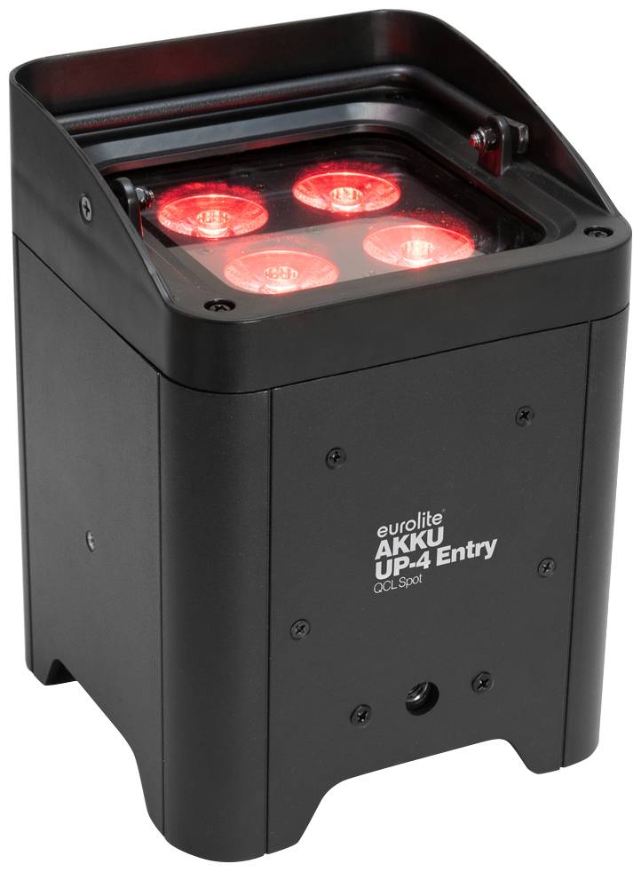 Schwarzer Eurolite AKKU UP-4 Entry LED-Strahler mit vier leuchtenden roten LED-Lichtern, geeignet für Bühnenbeleuchtungseffekte.