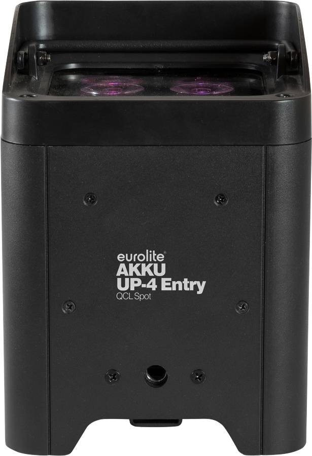 Schwarzer Eurolite AKKU UP-4 Entry LED-Scheinwerfer, kompakt, mit zwei leuchtenden LEDs, geeignet für Bühnen- oder Eventbeleuchtung.