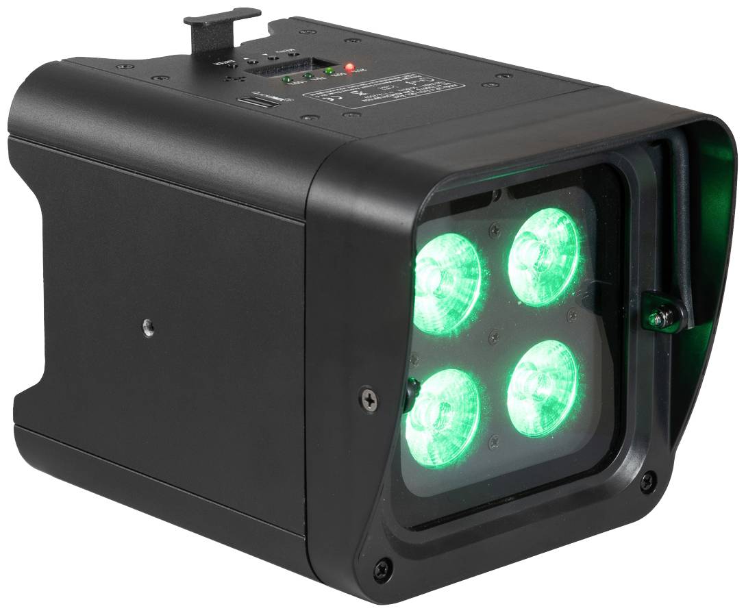 Ein schwarzer LED-Scheinwerfer mit vier grün leuchtenden Linsen, geeignet für Bühnenbeleuchtung oder Spezialeffekte in dunklen Räumen.
