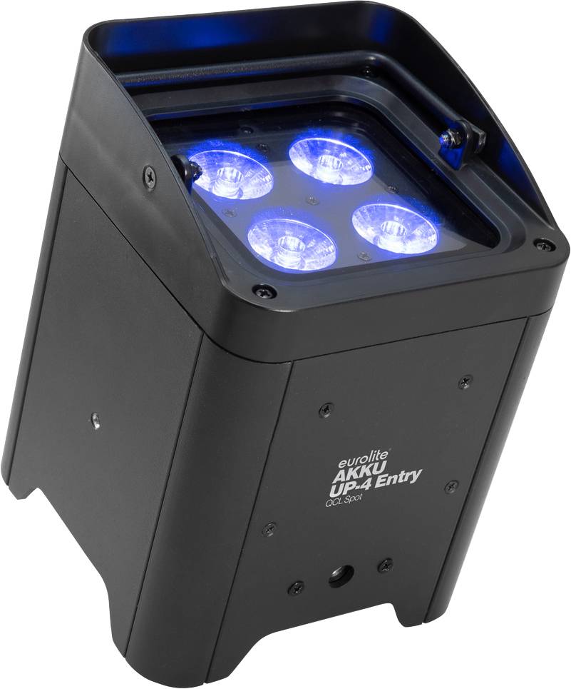 Ein schwarzer, quadratischer LED-Scheinwerfer mit vier leuchtenden blauen Linsen, geeignet für Bühnenbeleuchtung oder Events.