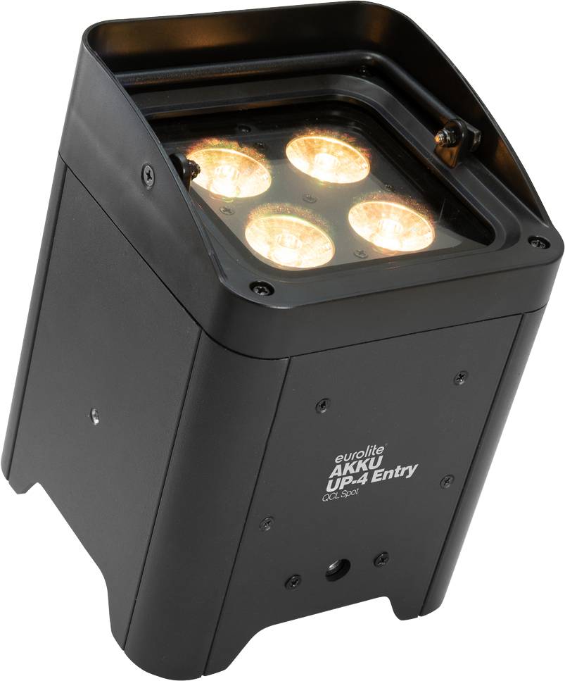 Schwarz-graues, quadratisches LED-Bühnenlicht mit vier leuchtenden, warmweißen LEDs, beschriftet mit 'eurolite AKKU UP-4 Entry'.