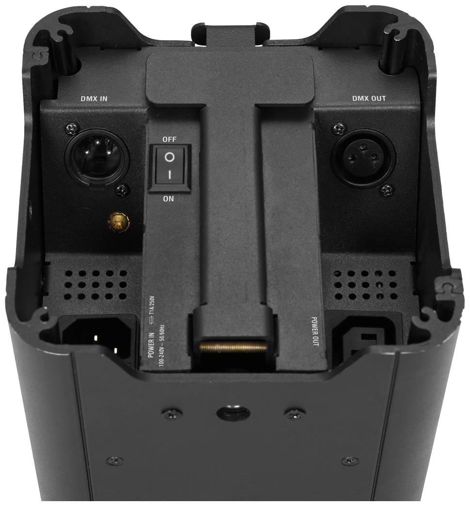 DMX-Gerät mit Ein- und Ausgängen, Netzschalter und Anschlüssen zur Steuerung von Licht- oder Bühneneffekten.