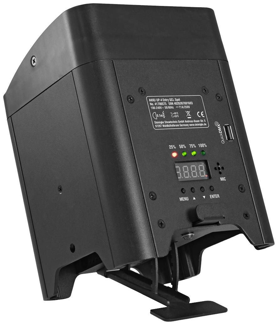 Ein schwarzes, trapezförmiges Elektrogerät mit einem digitalen Display, Knöpfen für Menü und Enter, LED-Anzeigen und einem USB-Anschluss.