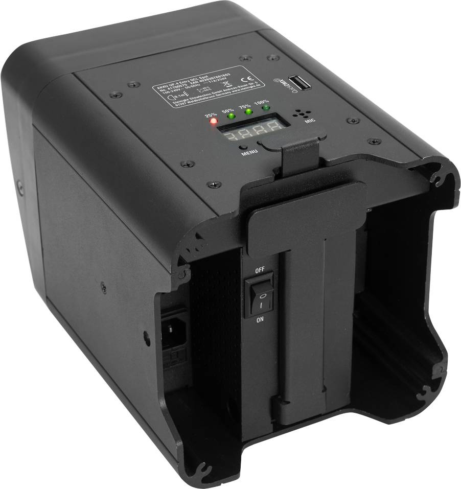 Ein schwarzes Ladegerät mit Digitalanzeige und mehreren Schaltern. Es hat Anschlüsse und LED-Lampen, die den Ladezustand anzeigen.