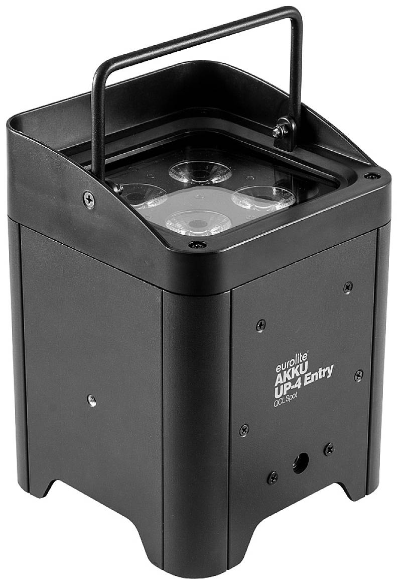 Schwarzer, tragbarer LED-Spotstrahler mit Griff, geeignet für Bühnen- und Eventbeleuchtung, mit vier sichtbaren LEDs oben.