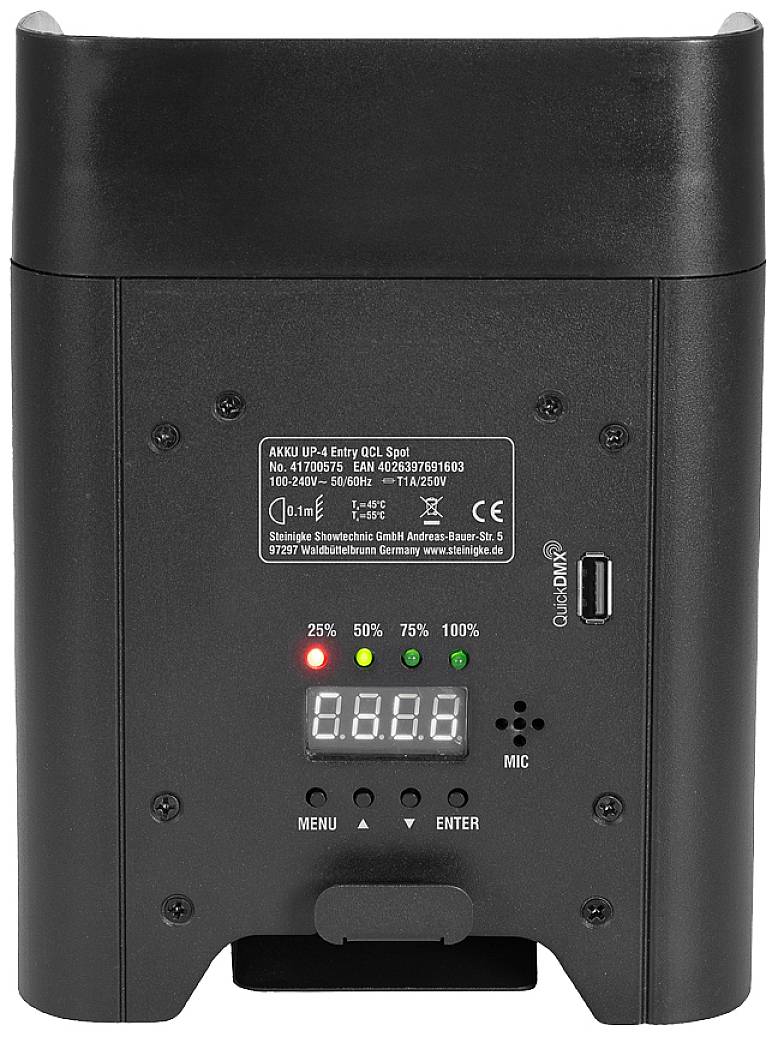 'AKKU IP Up4 Entry QCL Spot' Produktansicht von hinten, zeigt Display mit Kontrollleuchten, Mikrofoneingang, USB-Anschluss und Herstellerinformationen.