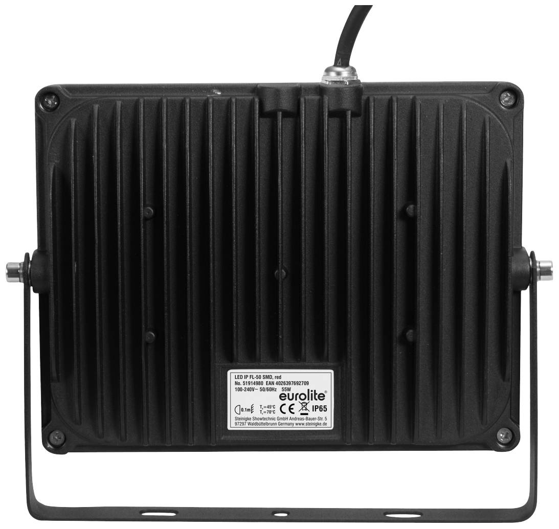 Schwarzes, rechteckiges LED-Flutlicht von Eurolite mit Rippenstruktur auf der Rückseite und Halterung zur Befestigung.