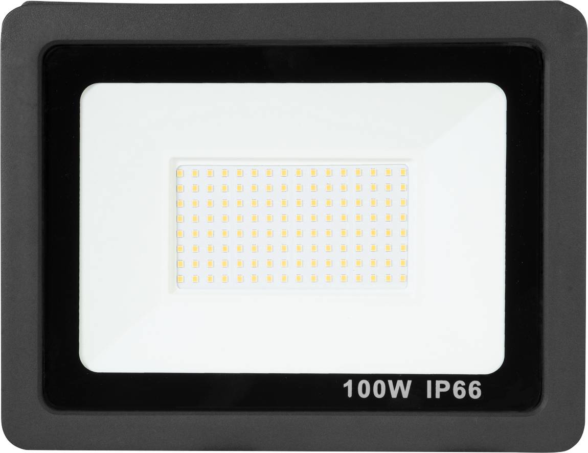 LED-Fluter mit schwarzem Rahmen, 100W Leistung, IP66-Schutzart. Geeignet für den Außenbereich.