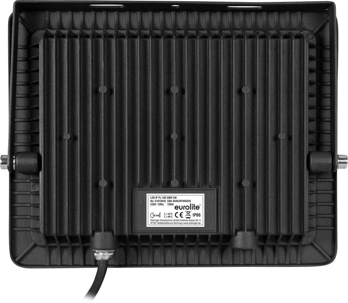 LED-Scheinwerfer Rückansicht mit gerippter Kühlfläche und Montageschrauben. Etikett: 'Eurolite', CE-Kennzeichnung, IP65.