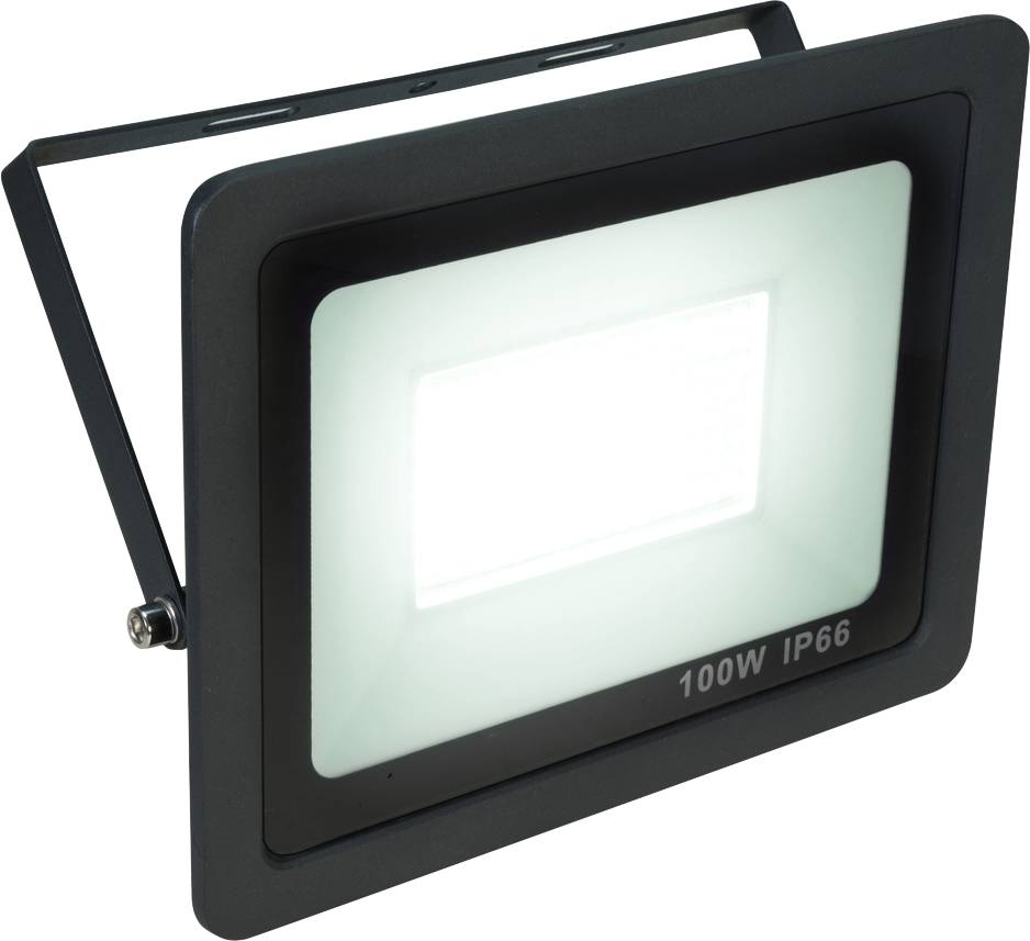 Ein rechteckiger LED-Fluter mit der Aufschrift '100W IP66', geeignet für Außenbeleuchtung durch hohe Wetterbeständigkeit.