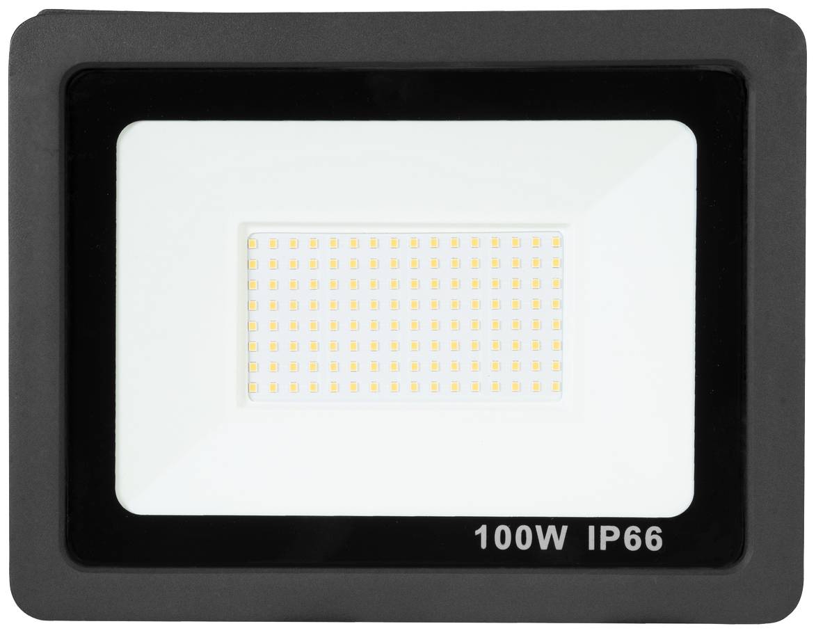Rechteckiger LED-Strahler, 100W, IP66, schwarzer Rahmen, geeignet für den Außeneinsatz.