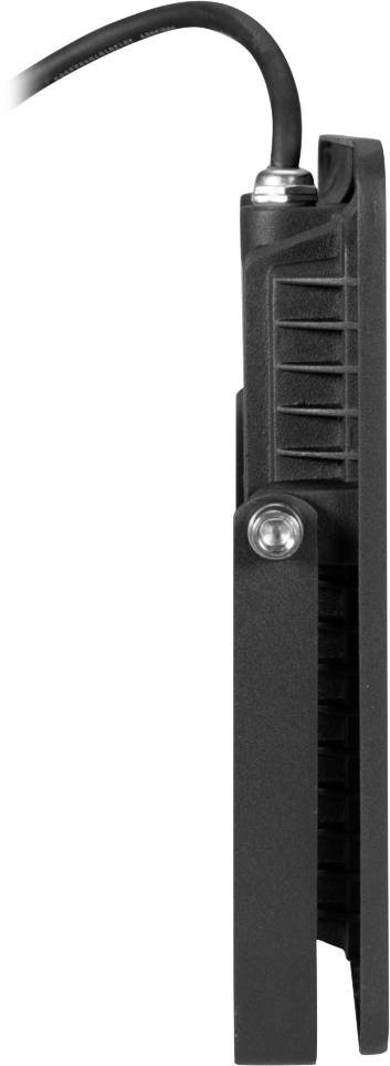 Schwarz-graues elektronisches Gerät von der Seite mit Kabel oben, vertikaler Kühlrippenstruktur und Schraube in der Mitte sichtbar.