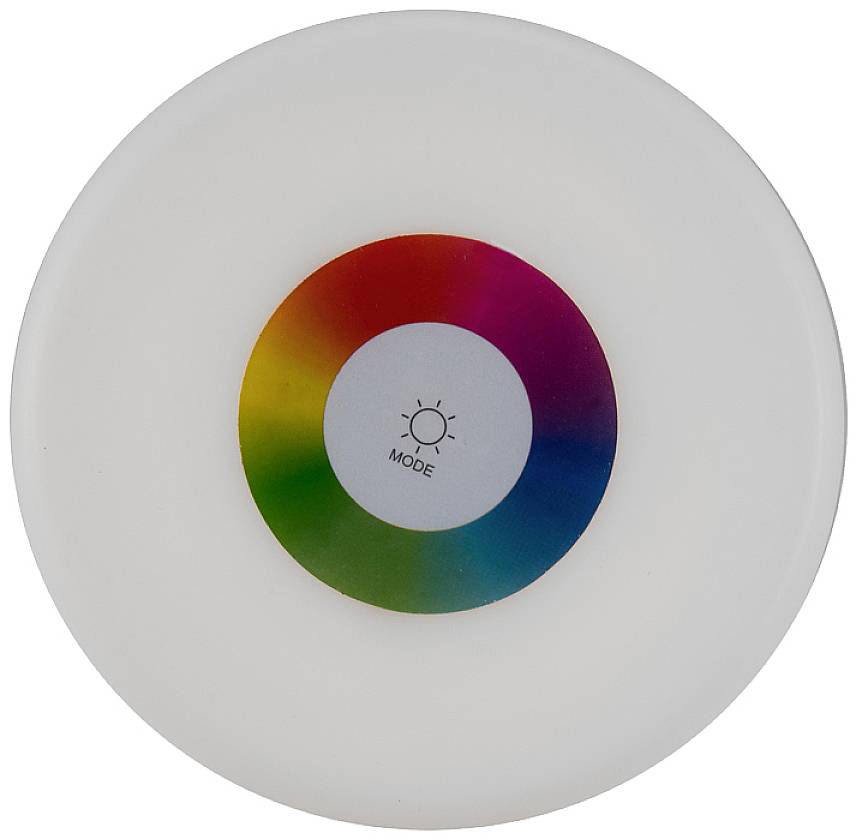 Runde Lampe mit einem zentralen Kreis in Regenbogenfarben und einem Symbol für Lichtmodus in der Mitte.