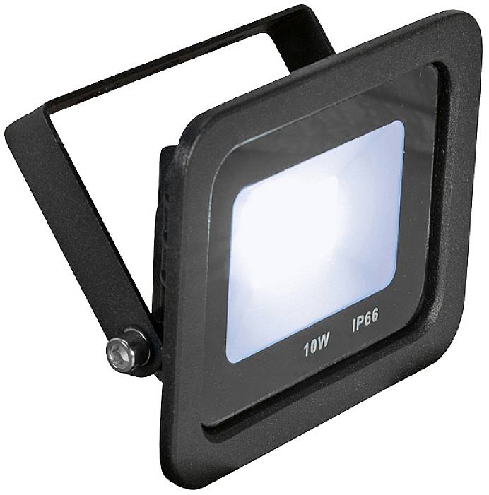 Flutlichtstrahler mit rechteckigem Design und schwarzem Rahmen. Aufgedruckt: '10W IP66'. Geeignet für den Außenbereich.
