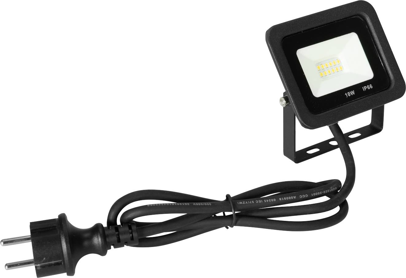 Ein schwarzer LED-Flutlichtstrahler mit Kabel und Stecker, geeignet für 10W Leistung und IP66-Schutz, auf einem verstellbaren Halter montiert.