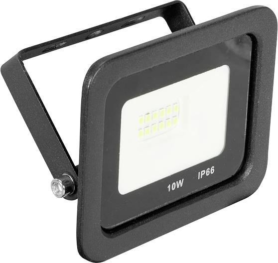 Ein schwarzer LED-Fluter mit 10W Leistung und IP66 Schutzklasse, geeignet für den Außeneinsatz.