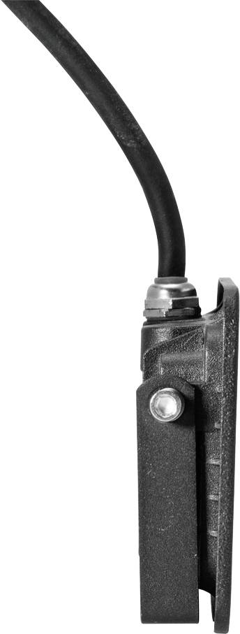 Schwarze Elektrobaugruppe mit Kabel und Metallbefestigung, vertikal ausgerichtet.