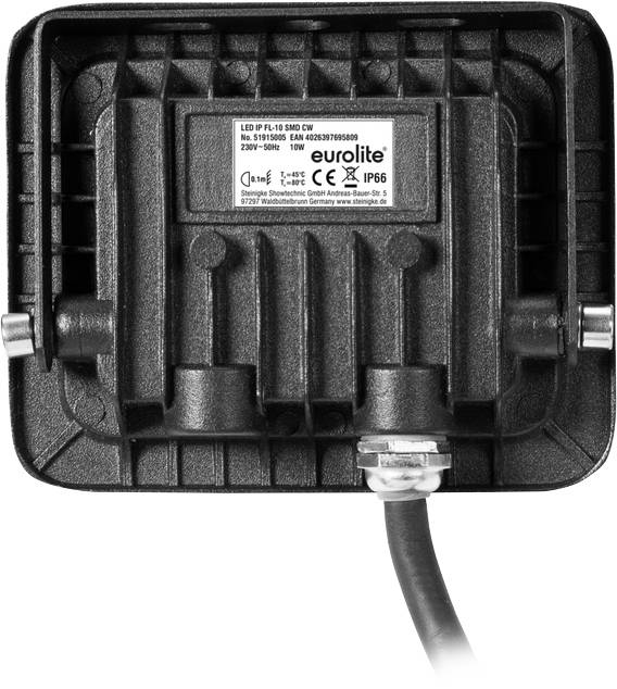 Schwarzer LED-Fluter von Eurolite, Modell FL-10 SMD CW, 10 Watt, für Außenbeleuchtung geeignet (IP65). Darstellung der Rückseite.