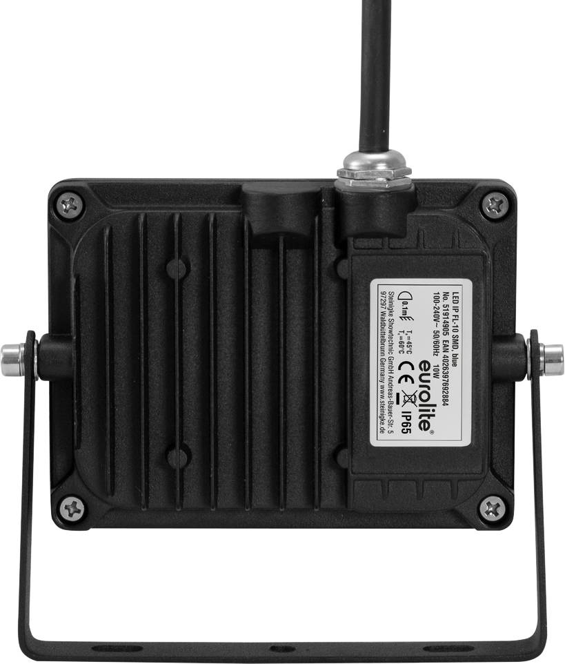 Schwarzer Scheinwerfer mit EuroLite-Label, montiert an einem Kabel, geeignet für Bühnenbeleuchtung.