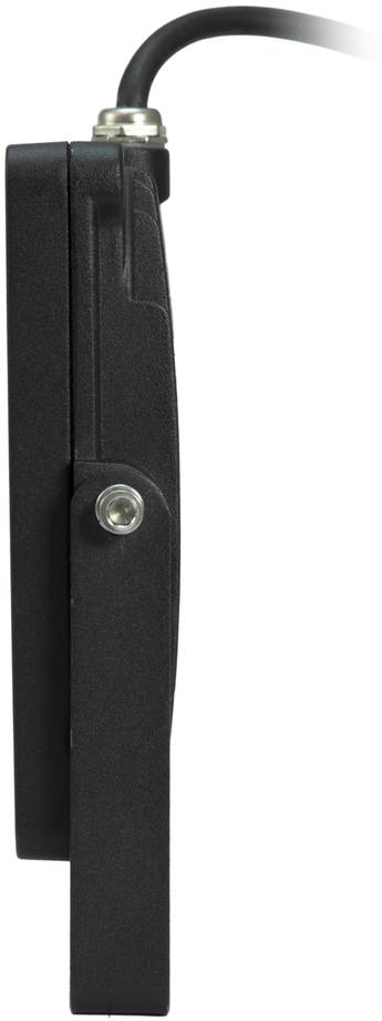 Schwarzes elektronisches Gerät mit Kabel, seitliche Ansicht, zeigt flaches, rechteckiges Design und eine Metallverbindungsschraube.