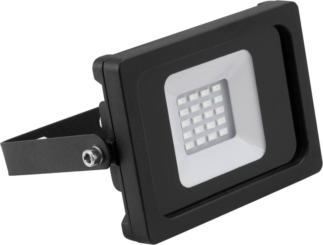 Ein rechteckiger LED-Strahler mit schwarzem Rahmen und weißen LEDs, montiert an einem verstellbaren Metallbügel.