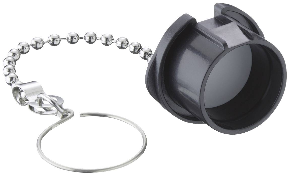 Schwarze Kappe aus Kunststoff mit Kettenanhänger, die als Schutzabdeckung dient. Ideal für Ventile oder Anschlüsse.