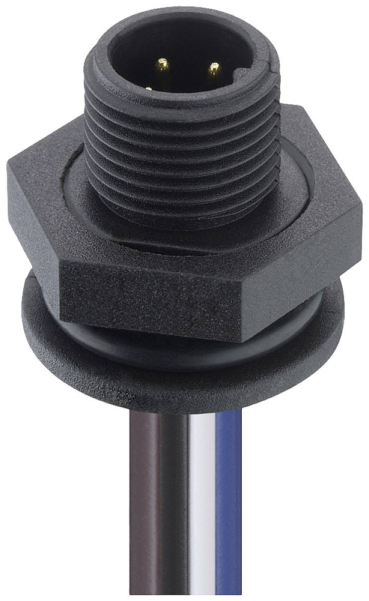 Ein schwarzer, runder Steckverbinder mit drei hervorstehenden, farblich kodierten Drähten (braun, weiß, blau) vor weißem Hintergrund.