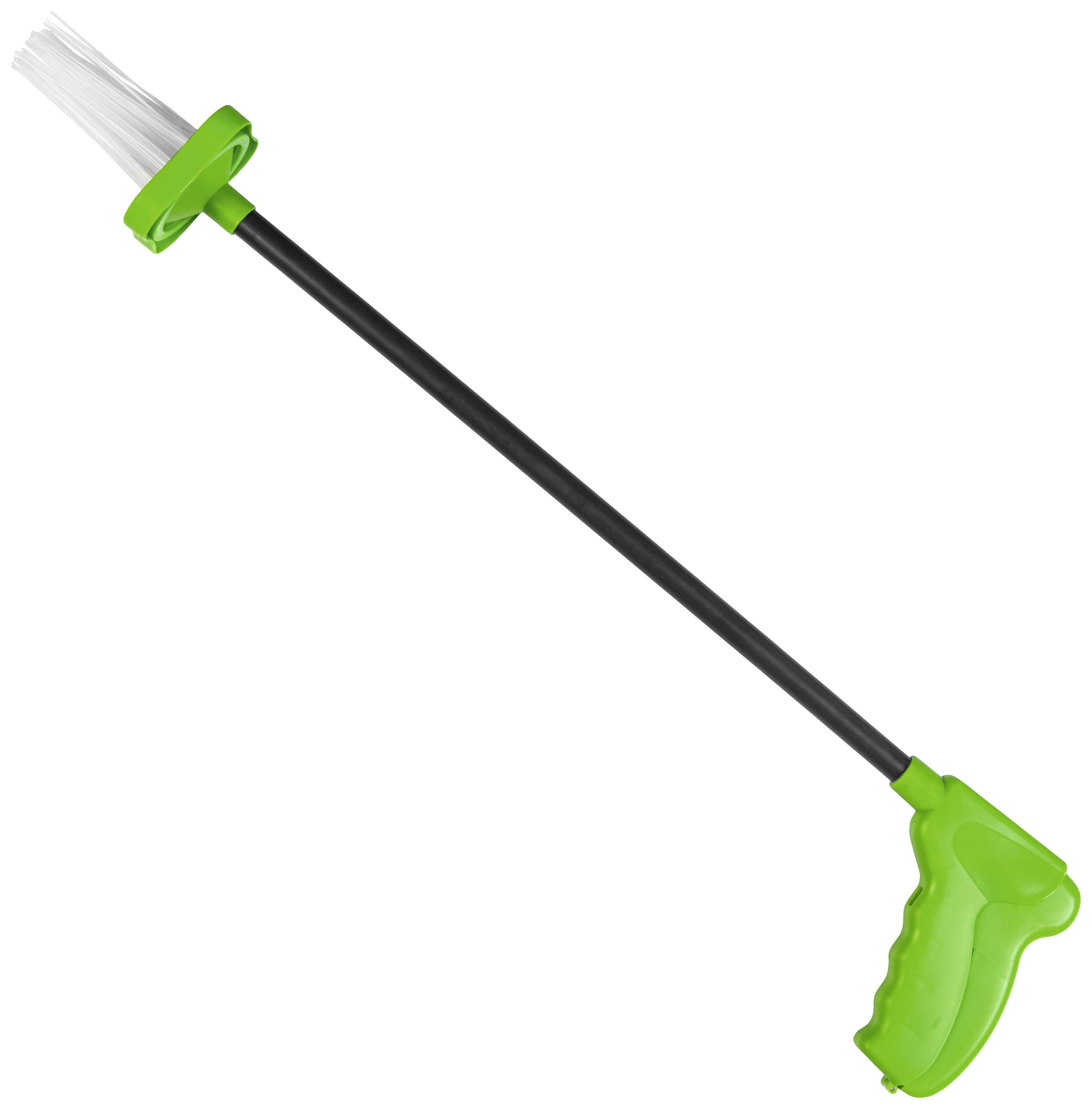 Grüner Unkrautentferner mit langem Griff und Drahtbürste am Ende, entworfen für ergonomische Gartenarbeit.