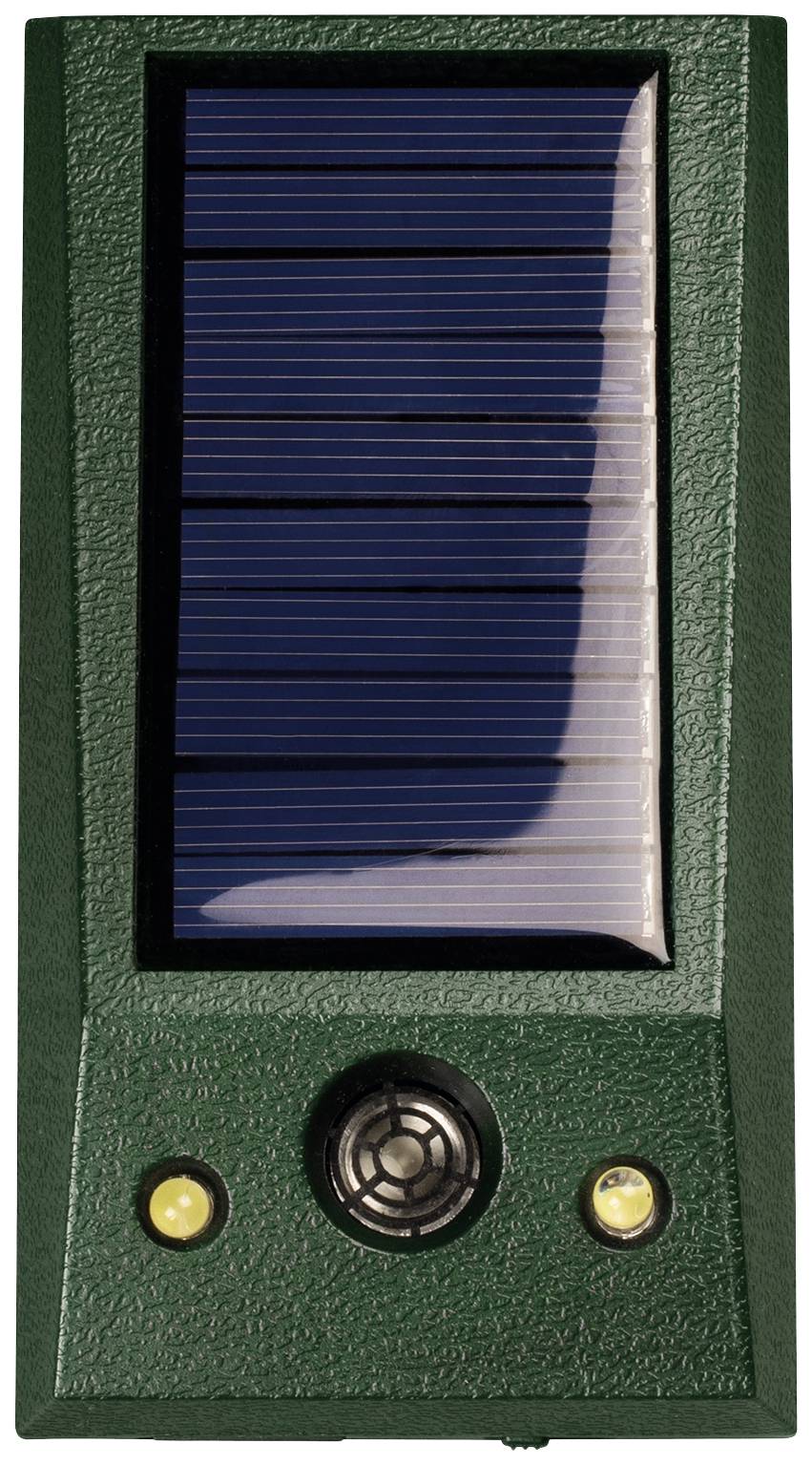 Ein rechteckiges, grünes Gerät mit Solarzelle, Lautsprechergitter und zwei gelben Lichtern auf der Vorderseite.