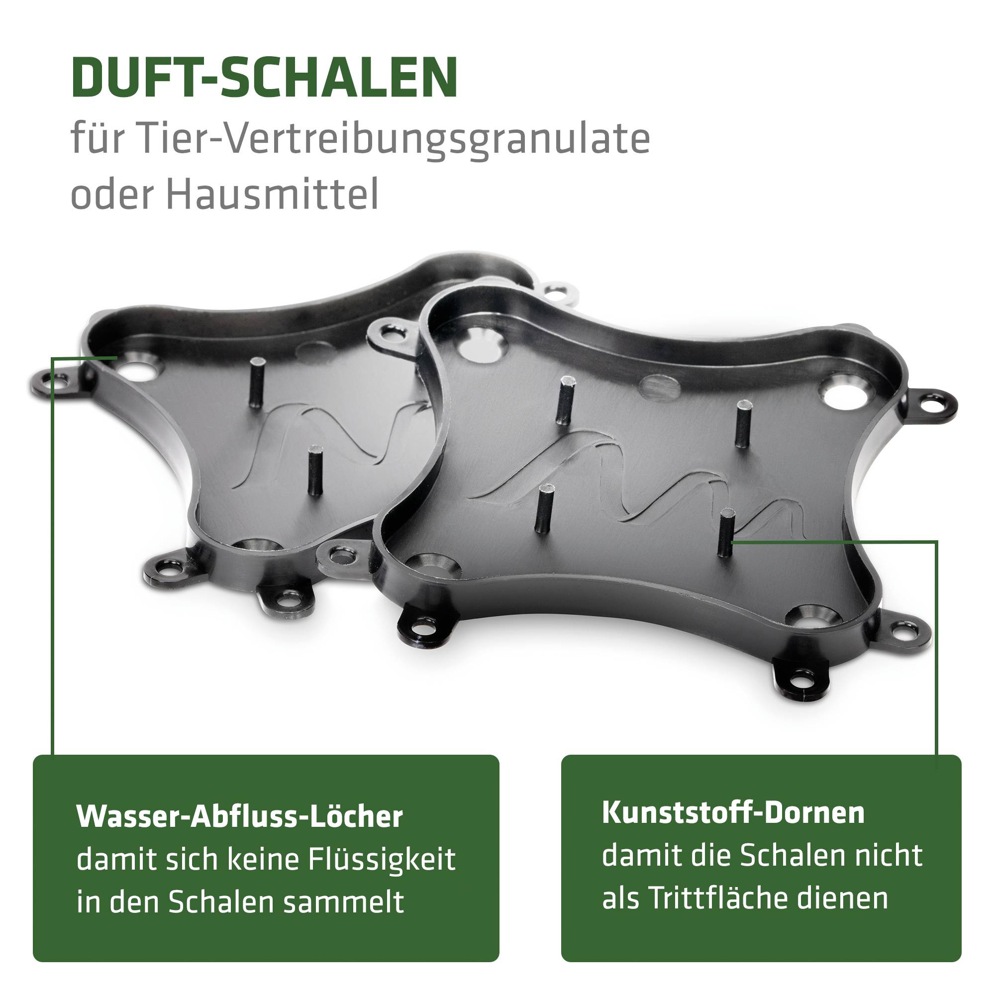 Duft-Schalen für Tier-Verteilungsgranulate oder Hausmittel. Mit Wasser-Abfluss-Löchern und Kunststoff-Dornen zur besseren Platzierung.