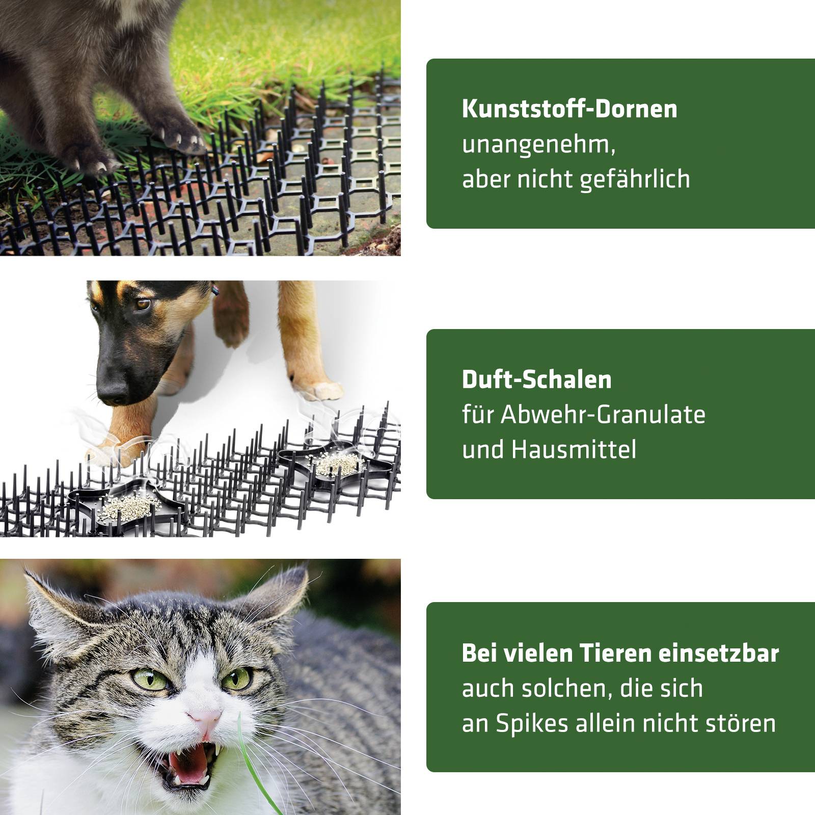 Eine Katze läuft über Kunststoff-Dornenmatten 'Duft-Schalen'. Text daneben: 'Bei vielen Tieren einsetzbar, auch wenn diese sich allein nicht stören'.