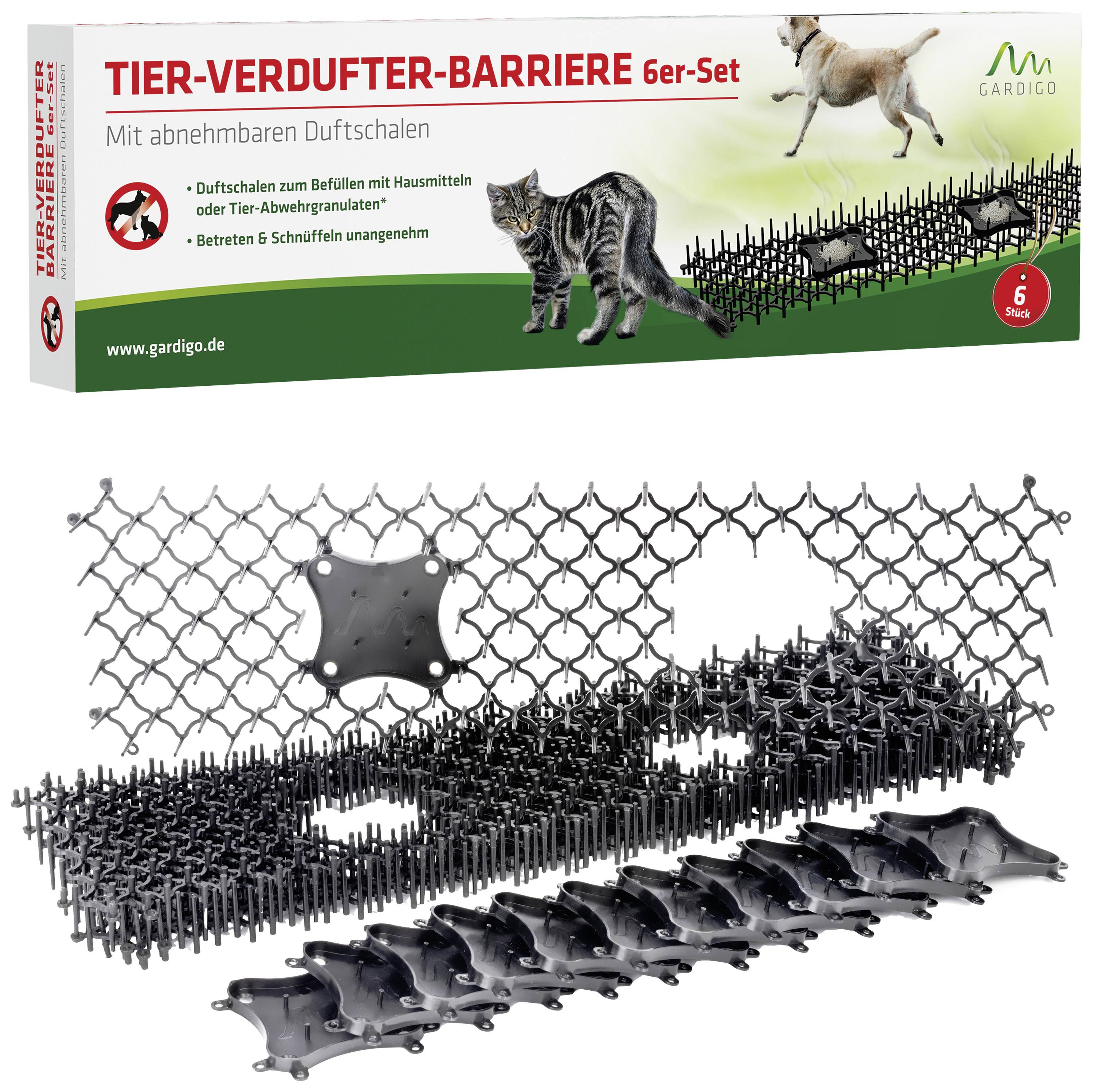 'Tier-Vertreiber-Barriere 6er-Set' zeigt ein Anti-Tier-Gitter zum Schutz vor Haustieren. Enthält Duftschalen. Katzen- und Hundeabbildung.